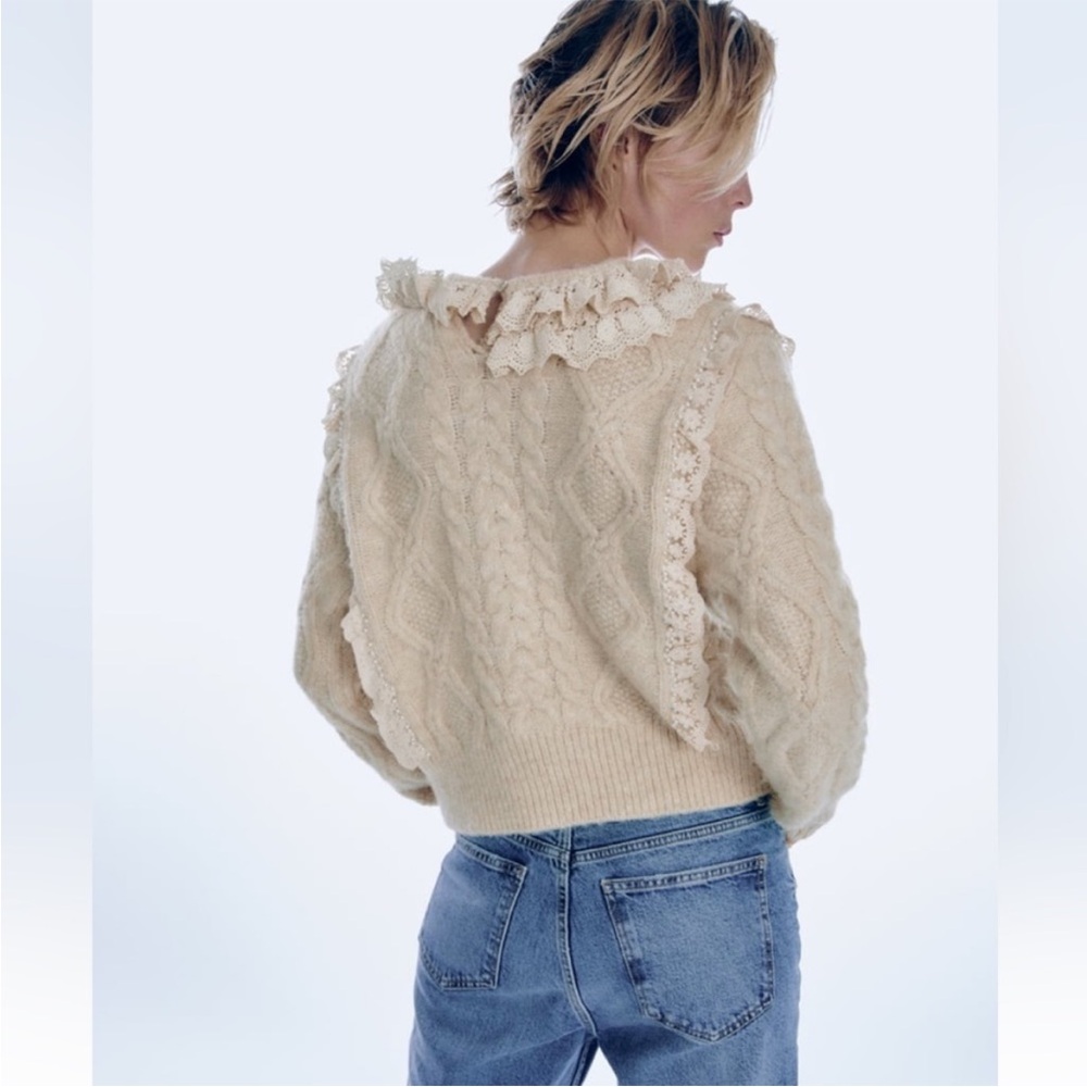 BOGO! ZARA Lace Ruffle Collar Pearl Cable Knit Sweater Cream Small - Picture 3 of 11